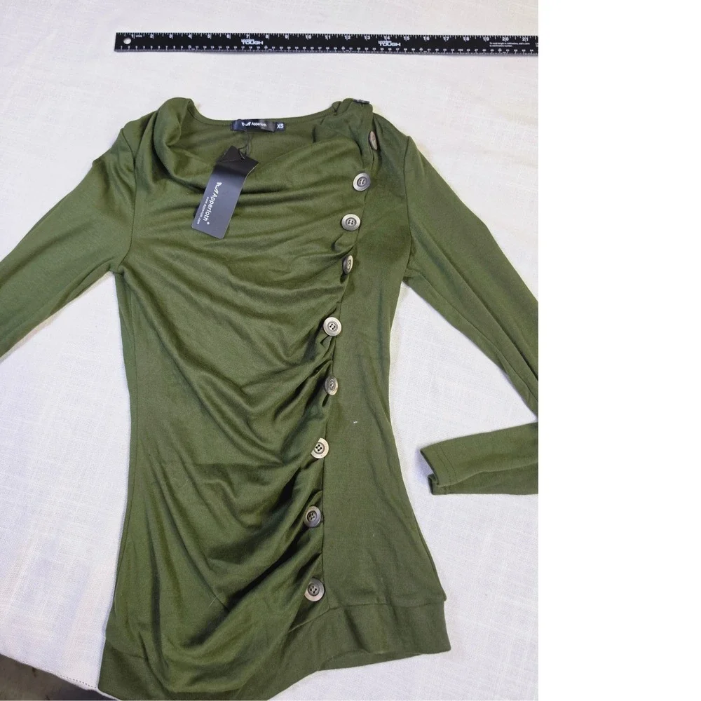 Apperloth Olive Green Asymmetrical Button Ruched Cowl Neck Long Sleeve Top XS